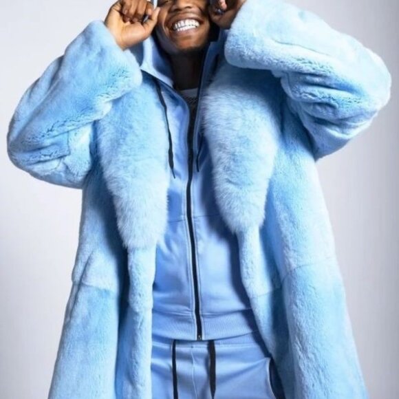 Custom Made Rabbit Fur Coat L 10 12 Fox Fur Collar $600 Black Print - Picture 7 of 7